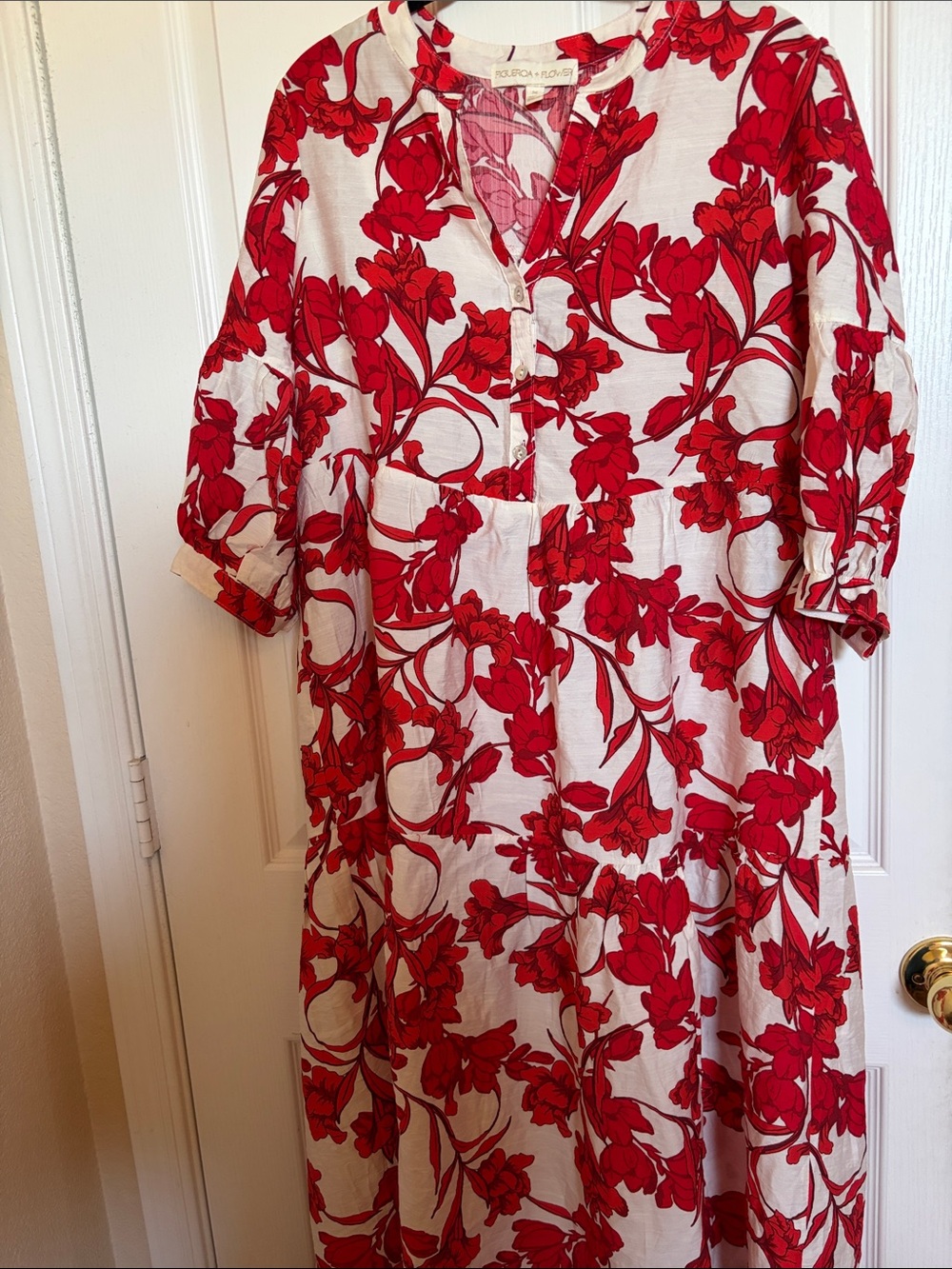 Red Floral Maxi Dress with Button Front